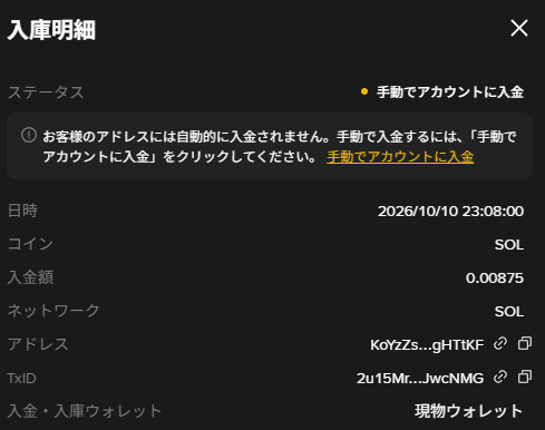 バイナンスジャパン入庫明細