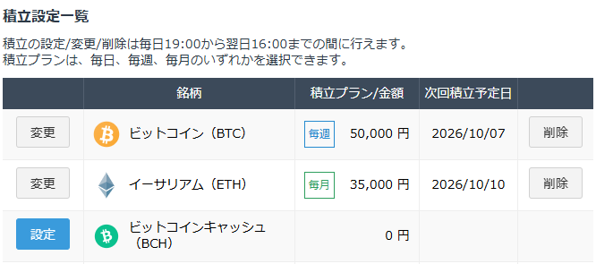 GMOコインの積立設定一覧